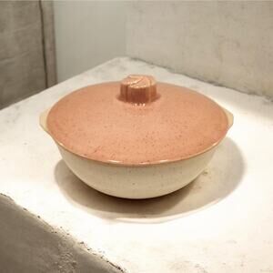 Vintage Pink Speckled Ceramic Casserole Dish with Rose Floral Lid Handle